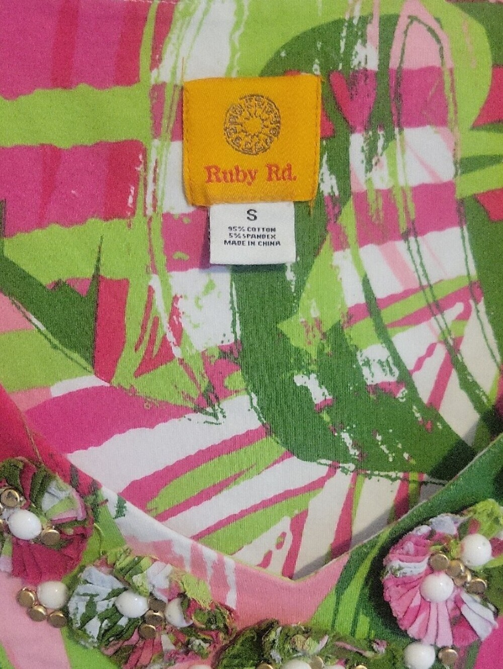 Ruby Rd szSm Pink & Green Palm-Print Jewel Lined Vneck Cotton Neck Tunic Top - Picture 2 of 5